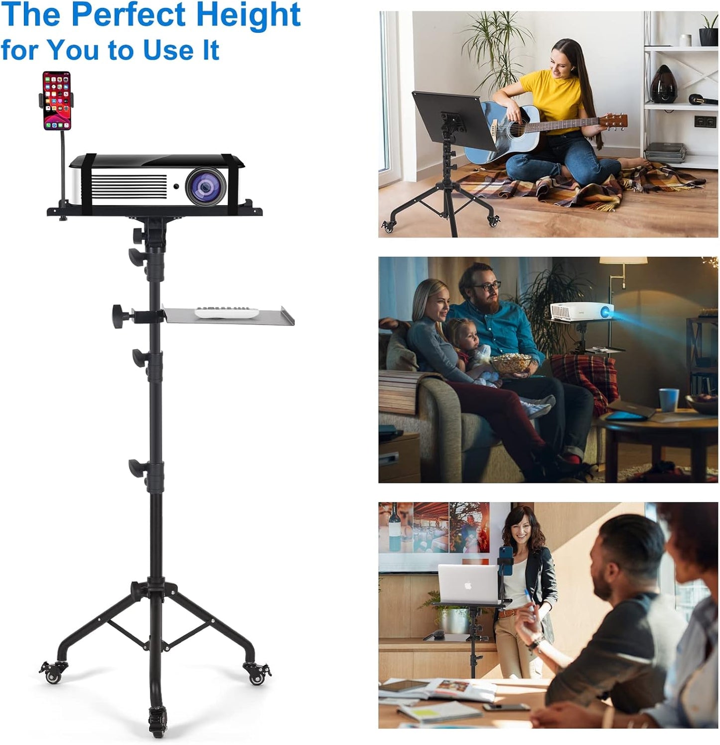 Laptop Tripod on Wheels with 2 Shelves, Portable Projector Floor Stand Adjustable Height 25.9 to 51.8 Inch with Phone Holder