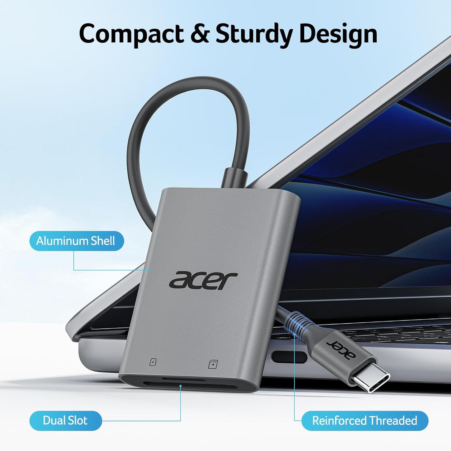 Acer SD Card Reader USB C, Dual Slots Type C to Memory Card Reader, Aluminum Micro SD Card Camera Adapter for MicroSD, SDHC, SDXC, Compatible with iPhone16/15, MacBook, iPad Pro, Android, Laptop