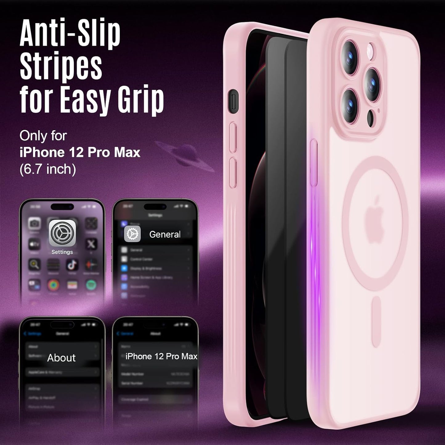 Designed for iPhone 12 Pro Max Case, Compatible with MagSafe, with Privacy Screen Protectors X2, [Camera Protection] [15FT Military Drop Protection] Shockproof Phone Case, 6.7", Pink