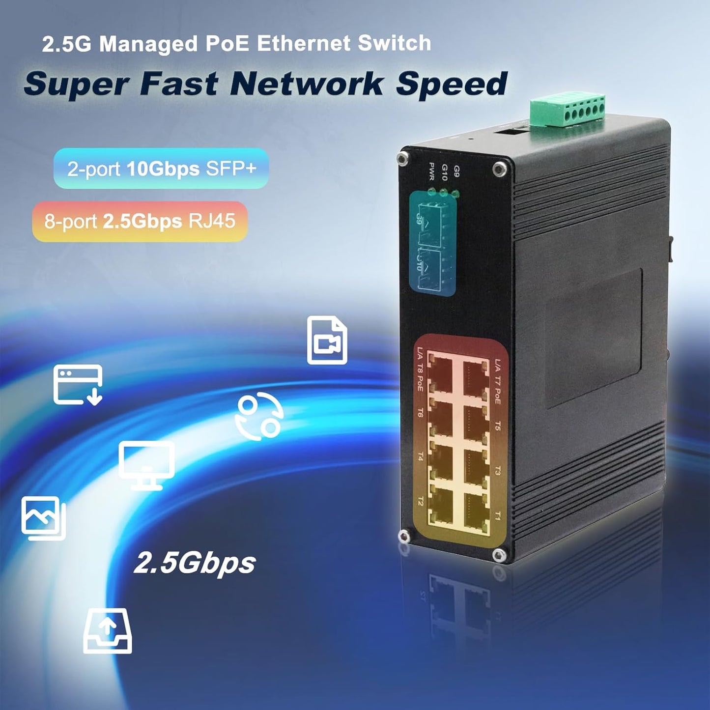 Managed 8-Port 2.5G Switch with 2-Port 10G SFP+, Industrial IEEE 802.3af/at 30W PoE Ethernet Switch, 48~57VDC Power Input, Plug & Play, Support QoS, Vlan, IGMP