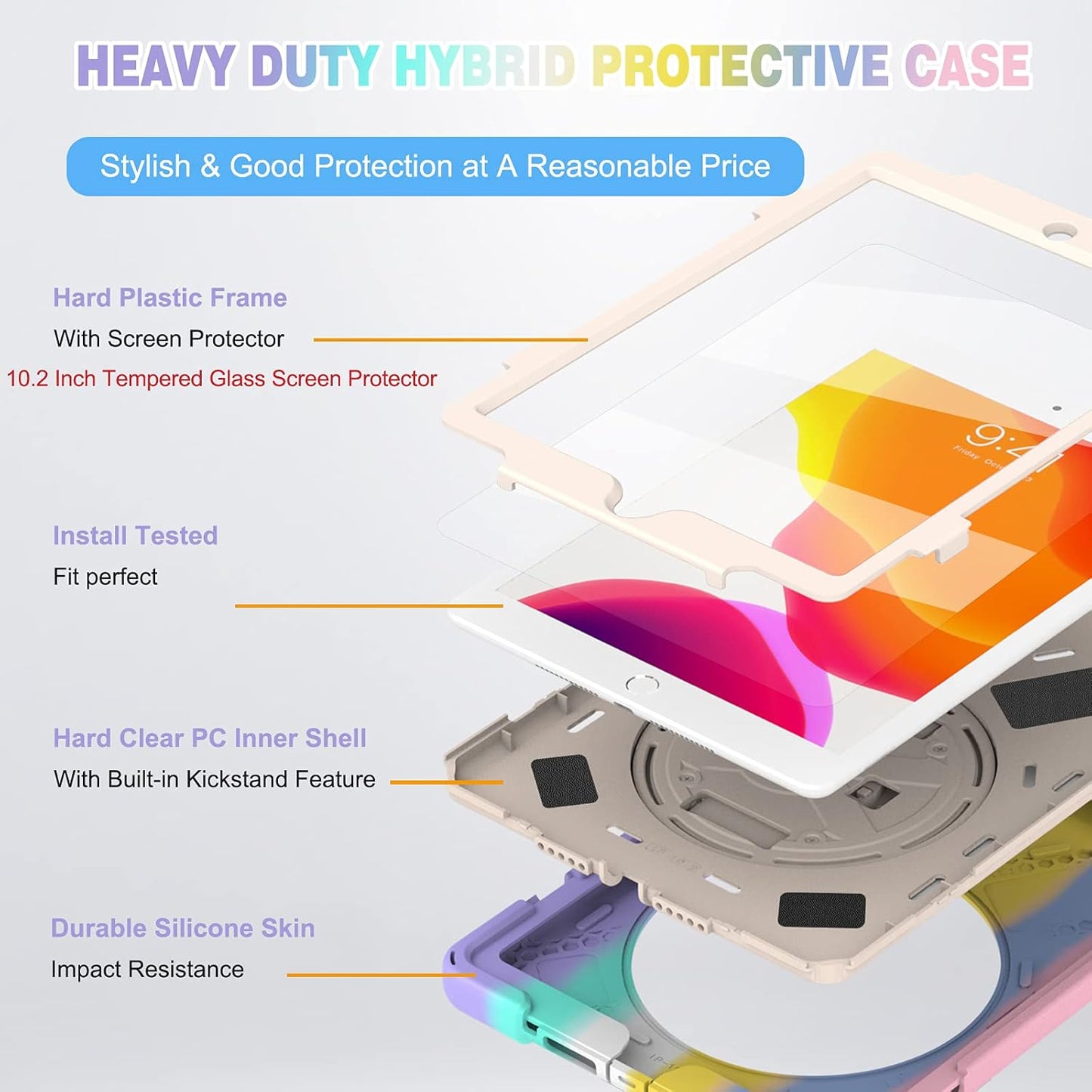 BLOSOMEET Case for iPad 9th/8th Generation 2021/2020 10.2 Inch for Kids Girls Cute w/Tempered Glass Screen Protector & Pencil Holder, iPad 7th Gen 10.2 Cover 2019 Pink w/Stand Hand Shoulder Strap