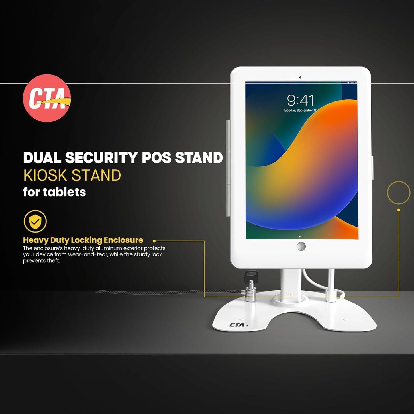 Dual Locking Stand – CTA Security Kiosk with Locking Case, Cable, Stylus, Tether, and 360-Degree Rotating Base for iPad Pro 10.5”, iPad Air 3, and Headphone Jack. (PAD-ASKTW) - White