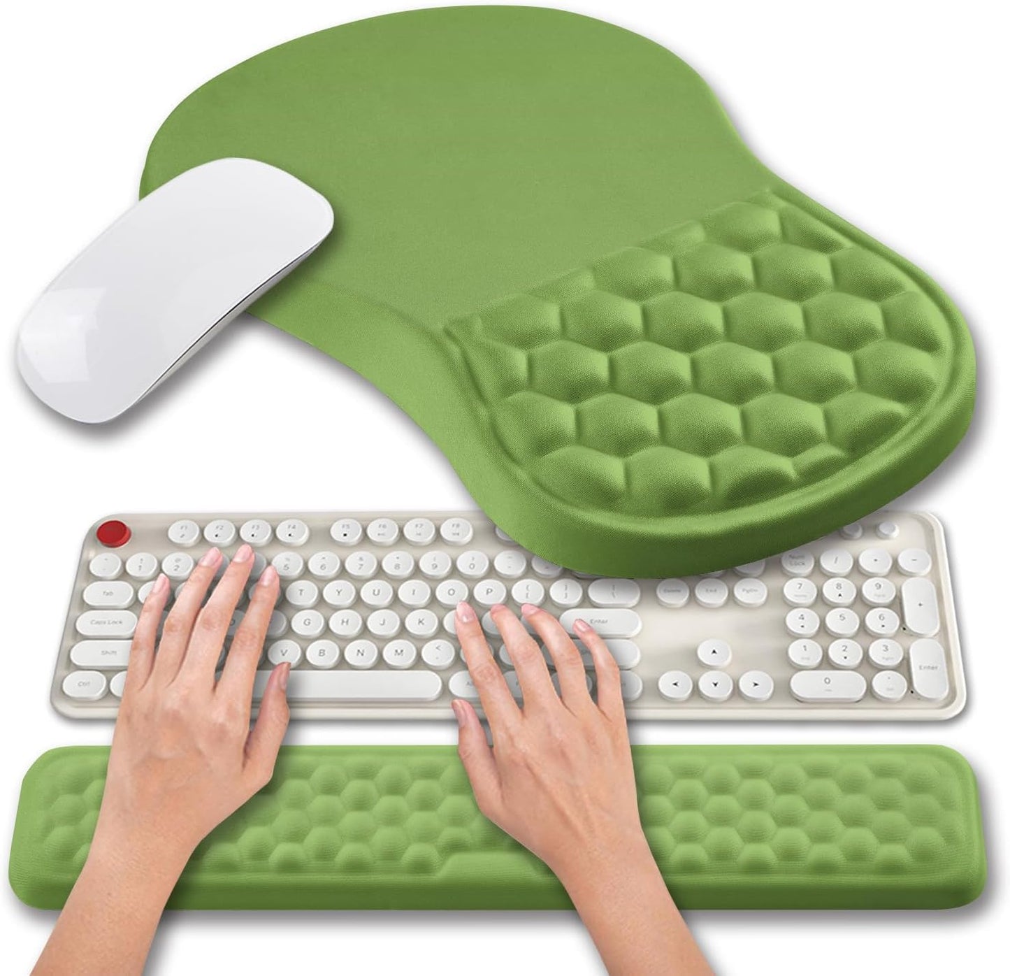 Hokafenle 2 in 1 Ergonomic Mouse Pad Wrist Support & Wrist Rest for Computer Keyboard Set, with Relieve Carpal Tunnel Pain Massage Bulge and Full Memory Gel Design (2In1 Set, Grass Green)