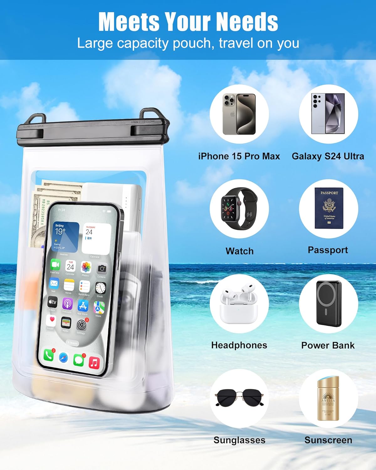 2L Waterproof Phone Pouch for iPhone 16 15 14 11 Pro Max & Galaxy S24 S21 - Floating Large Capacity Dry Bag Stores Sunscreen, Sunglasses - Oversized Waterproof Bag for Beach, Swimming, Kayaking