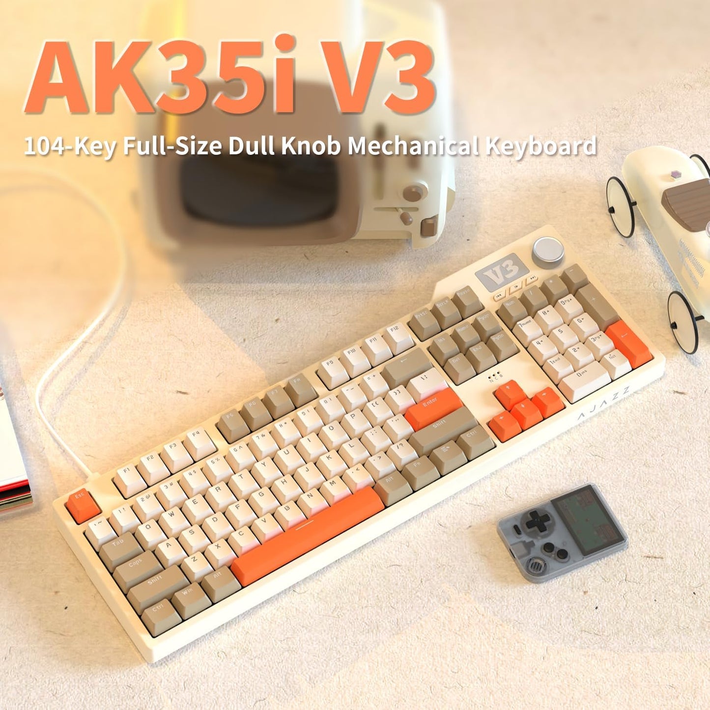 AJAZZ AK35I V3 104-Key Full Size Wired Gasket Mount Gaming Keyboard with Multimedia Buttons & Knob Control | Five Layer Pad | OEM Profile PBT Keycaps | White Backlit Custom Keyboard
