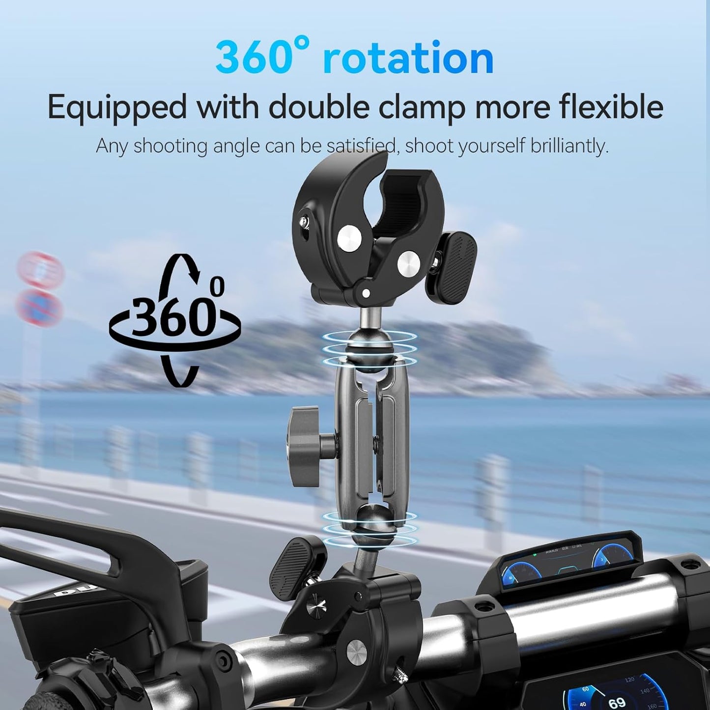 Duall Ball Clamp Mount for Stick Pole Mounting on Bike Bicycle Motorcycle Handlebar Tube Holder Accessories Compatible with GoPro 13 12 11 10 9 8 Insta360 X3 X4 X5 Ace Pro DJI Osmo Nano DJI Action 5/4