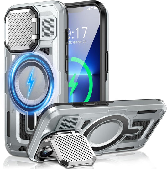 Camera Stand Case for iPhone 13 Pro Max, [Compatible with MagSafe] [Lens Cover] 2024 Version Military Grade Protective Soft Case for iPhone 13 Pro Max 6.7 inch Men Women, Grey