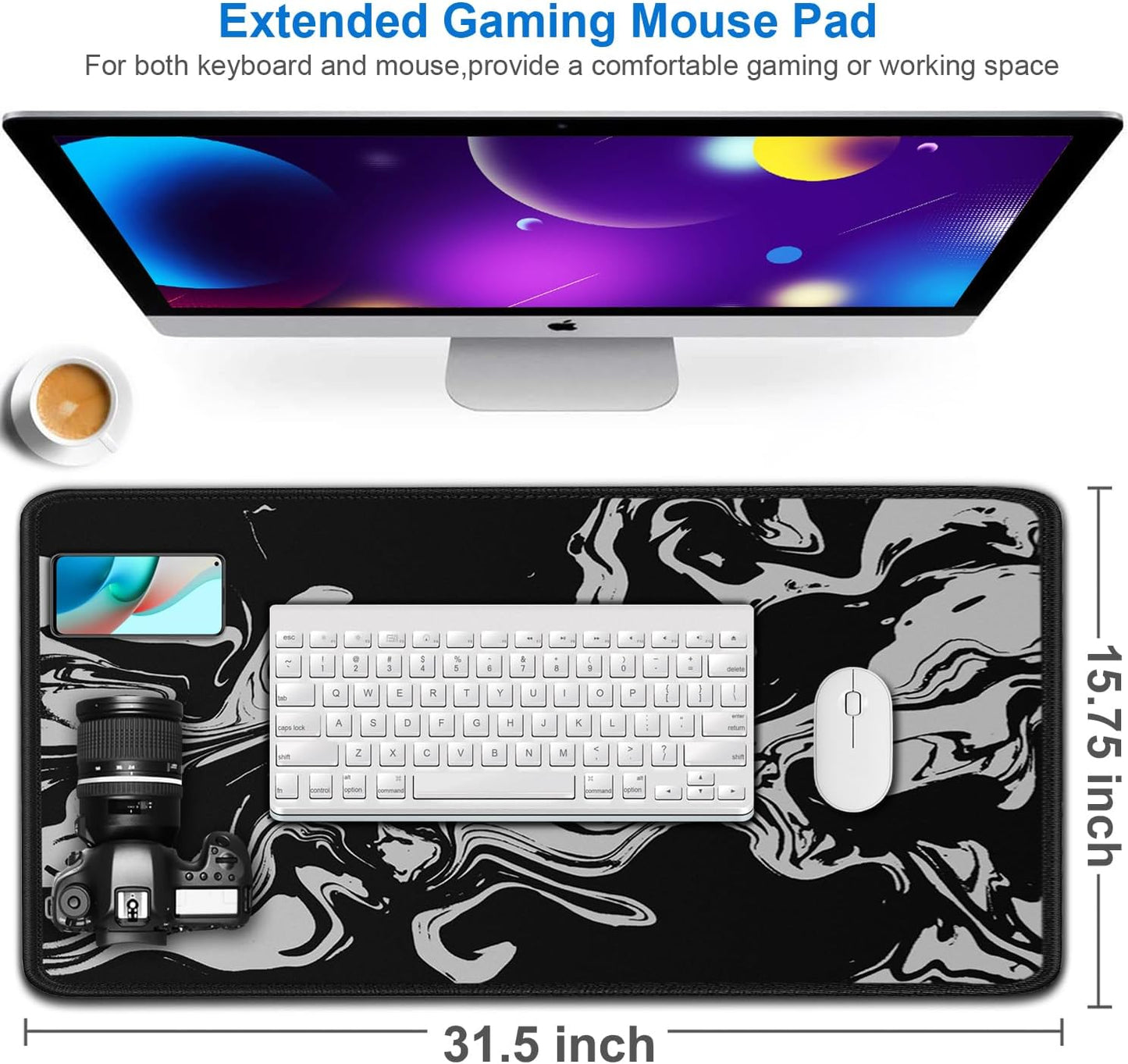 Gaming Mouse Pad, 31.5x15.7 inch Large Extended Computer Keyboard Mouse Mat, Water Resist Non-Slip Mousepad Rubber Base Long XXL Desk Mouse Pad for Gaming, Office & Home, Marble White