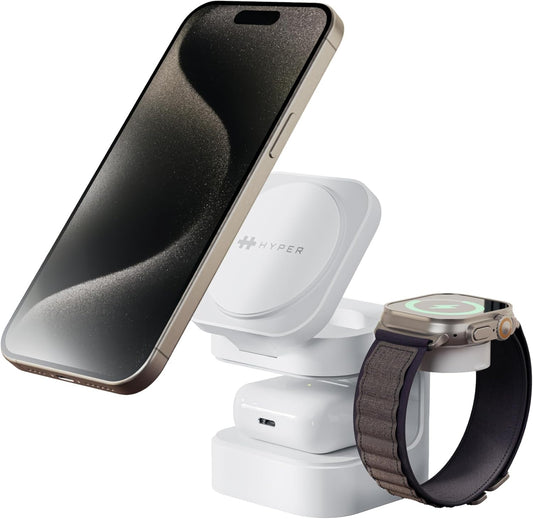 HyperJuice 3-in-1 Wireless Charger Qi2 Magnetic Stand — Fast Charger for iPhone, Apple Watch, Airpods, & Qi Compatible Devices — Compact and Adjustable 3 in 1 Design