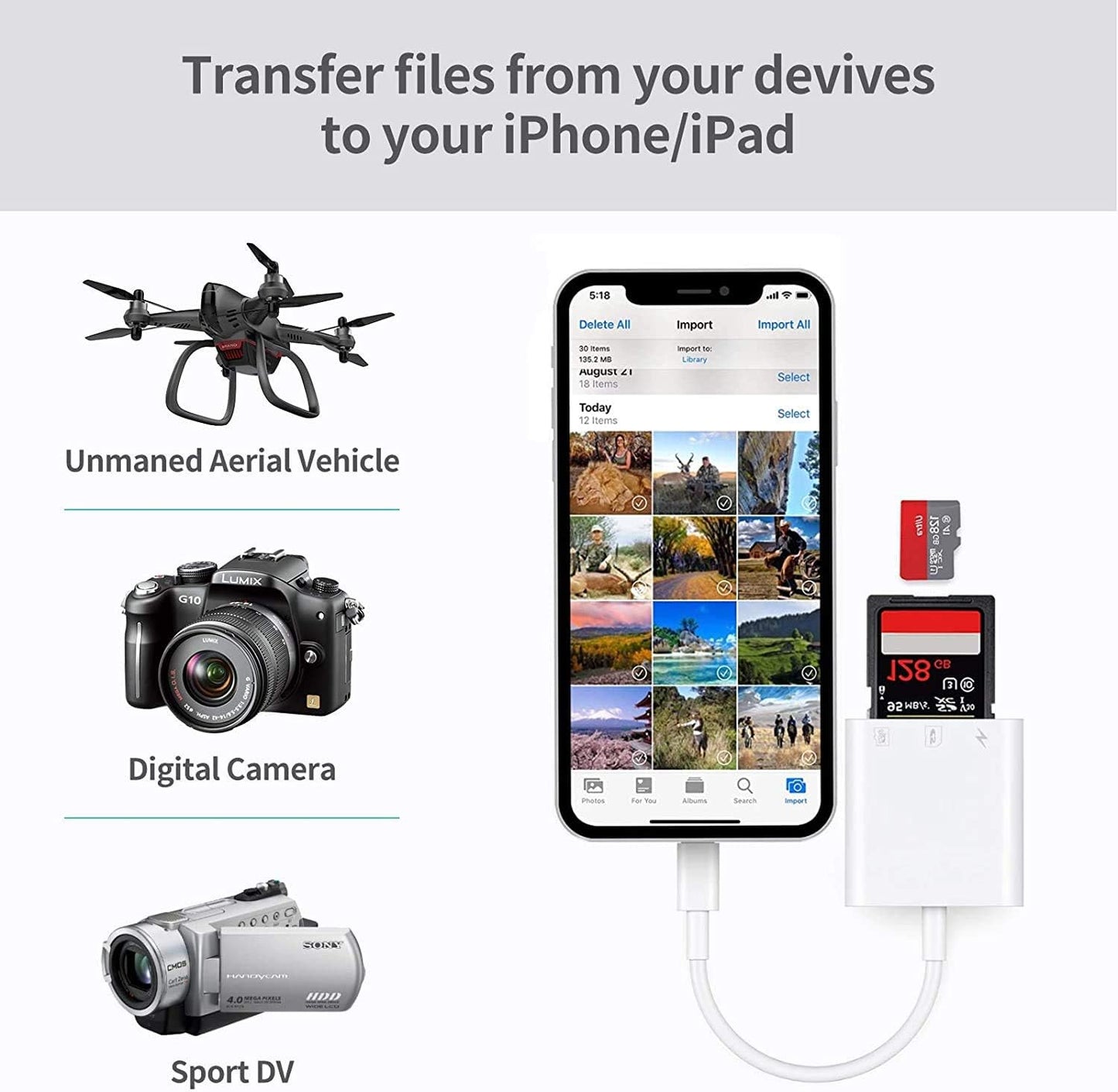 2 in 1 Lightning to SD Card Reader for iPhone, [Apple MFi Certified] Dual Slot Micro SD TF Trail Game Camera Memory Card Reader Adapter, Quickly Transfer Photos Videos Plug and Play