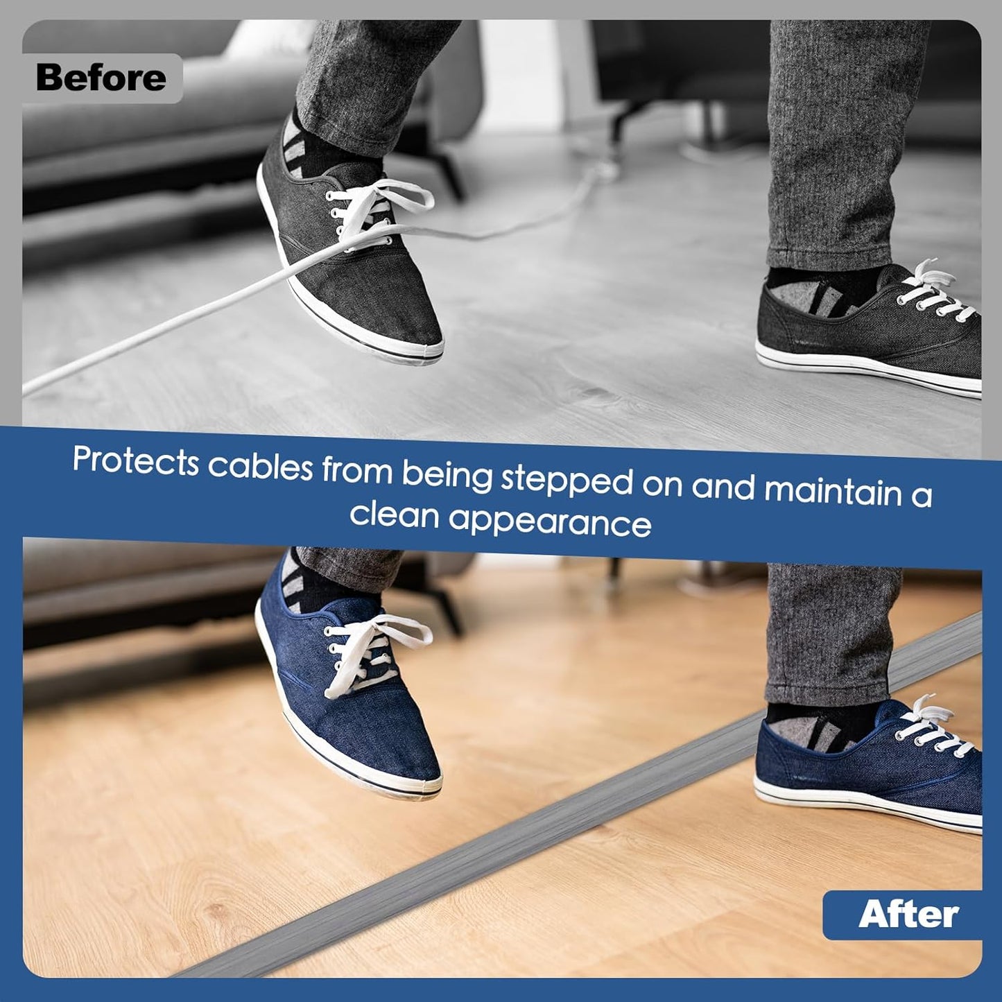 Floor Cord Cover for Wires on Floor Self Adhesive Cord Hider Floor Cable Management Wire Covers for Cords Protector Prevent Cable Trips Cord Cavity W 0.59" x H 0.31", Gray Wood, 20Ft