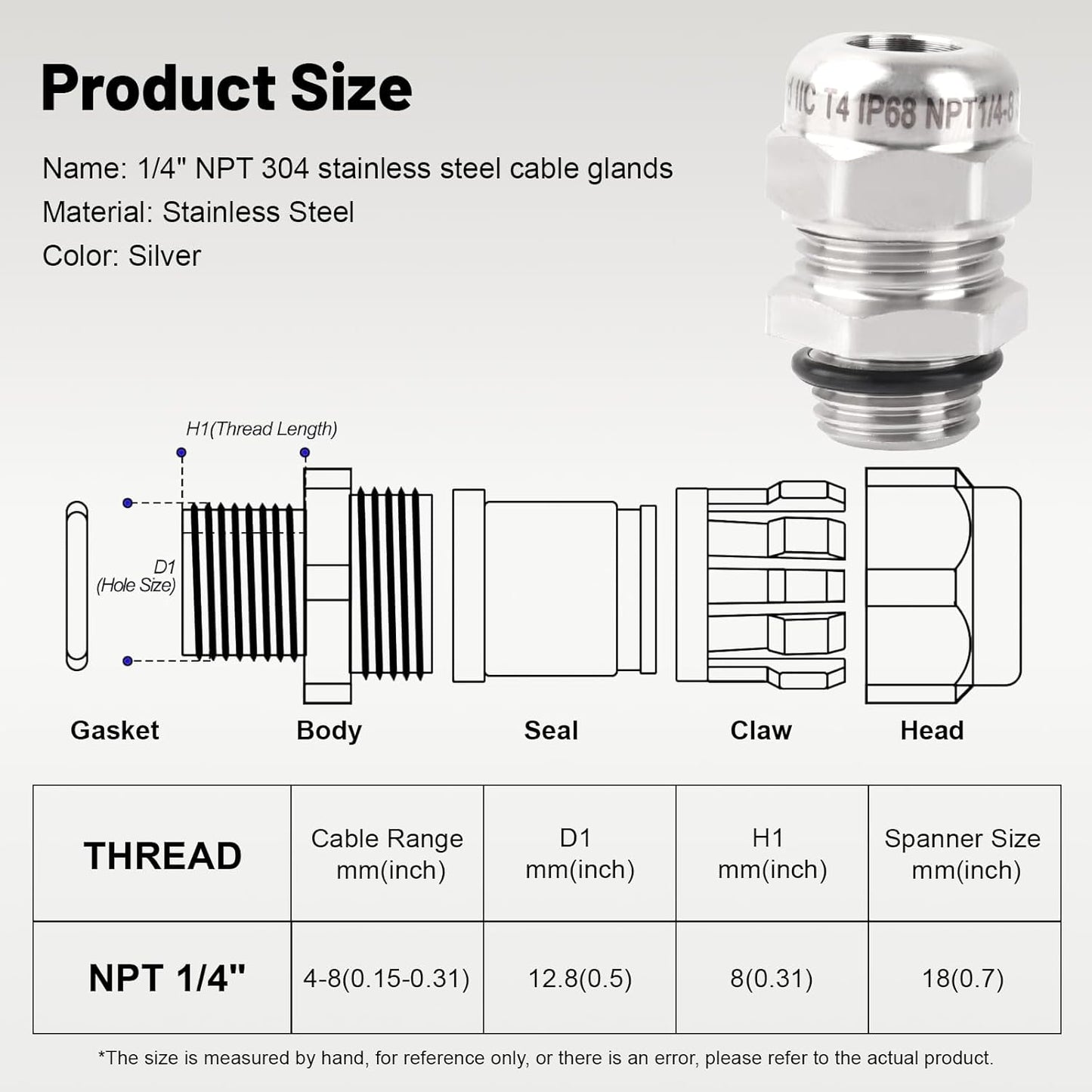 NPT 1/4" Stainless Steel Waterproof Cable Gland IP68 Waterproof Cable Gland Adjustable 4-8mm Cable Gland Protectors - 2 Pcs