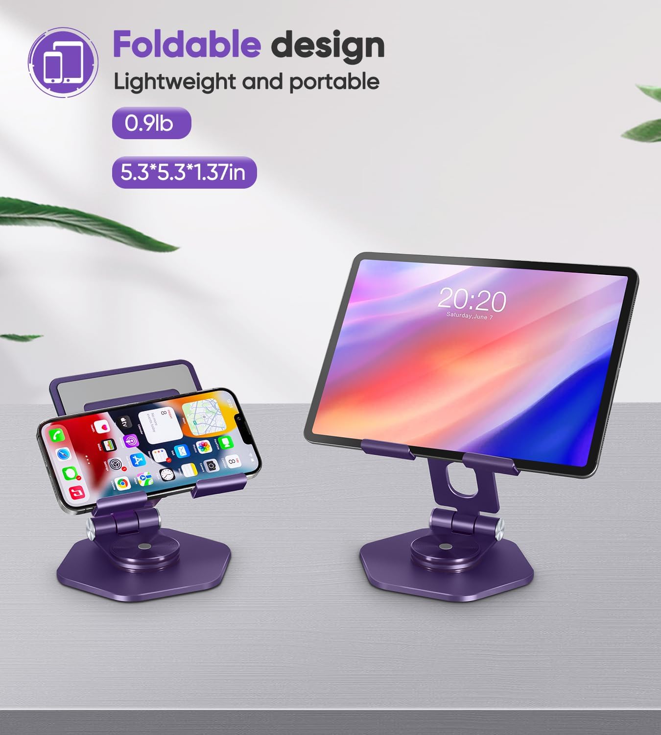 Foldable Aluminum Tablet Stand for Desk, 360° Swivel iPad & Tablet Holder – Portable & Stable Desktop Mount for 5–12.9in Devices, Purple