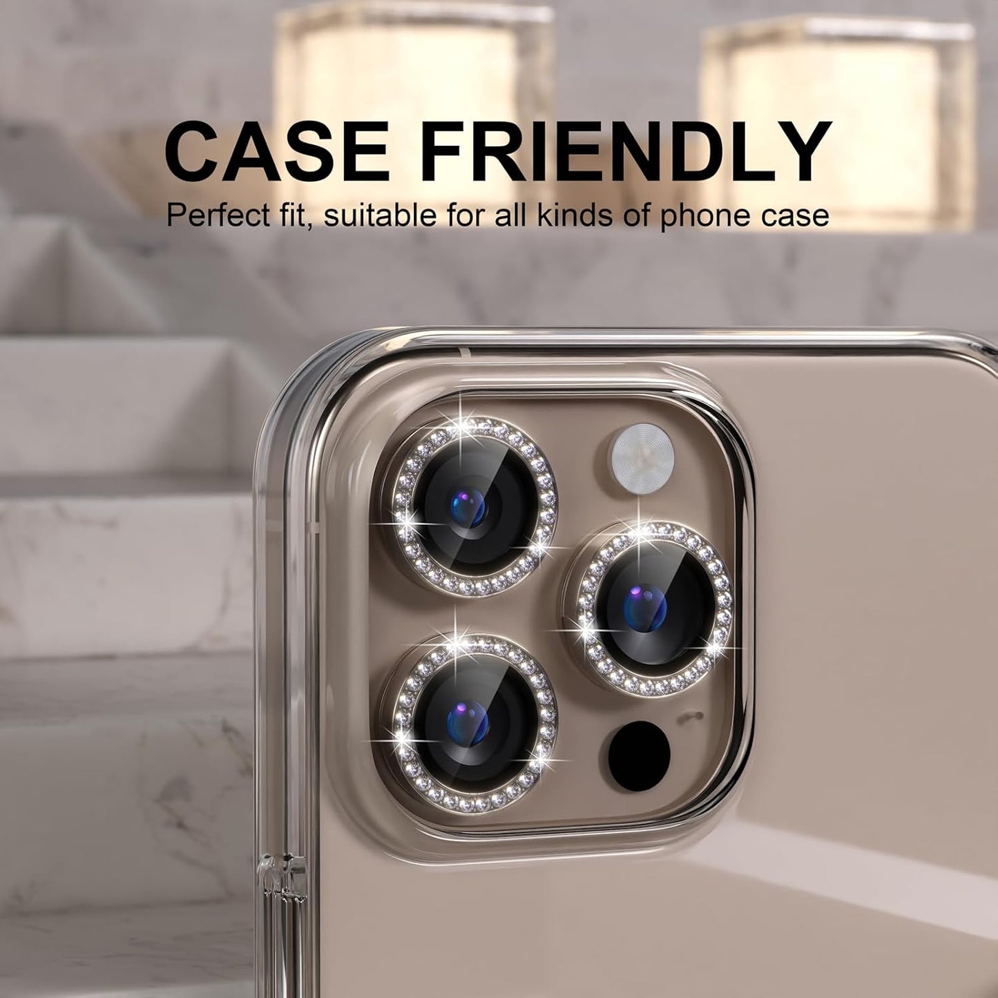 Choiche Compatible for iPhone 16 Pro/iPhone 16 Pro Max Camera Lens Protector Bling, 9H Tempered Glass Camera Cover Screen Protector Metal Ring Decoration Accessories (Diamond-Titanium Desert)