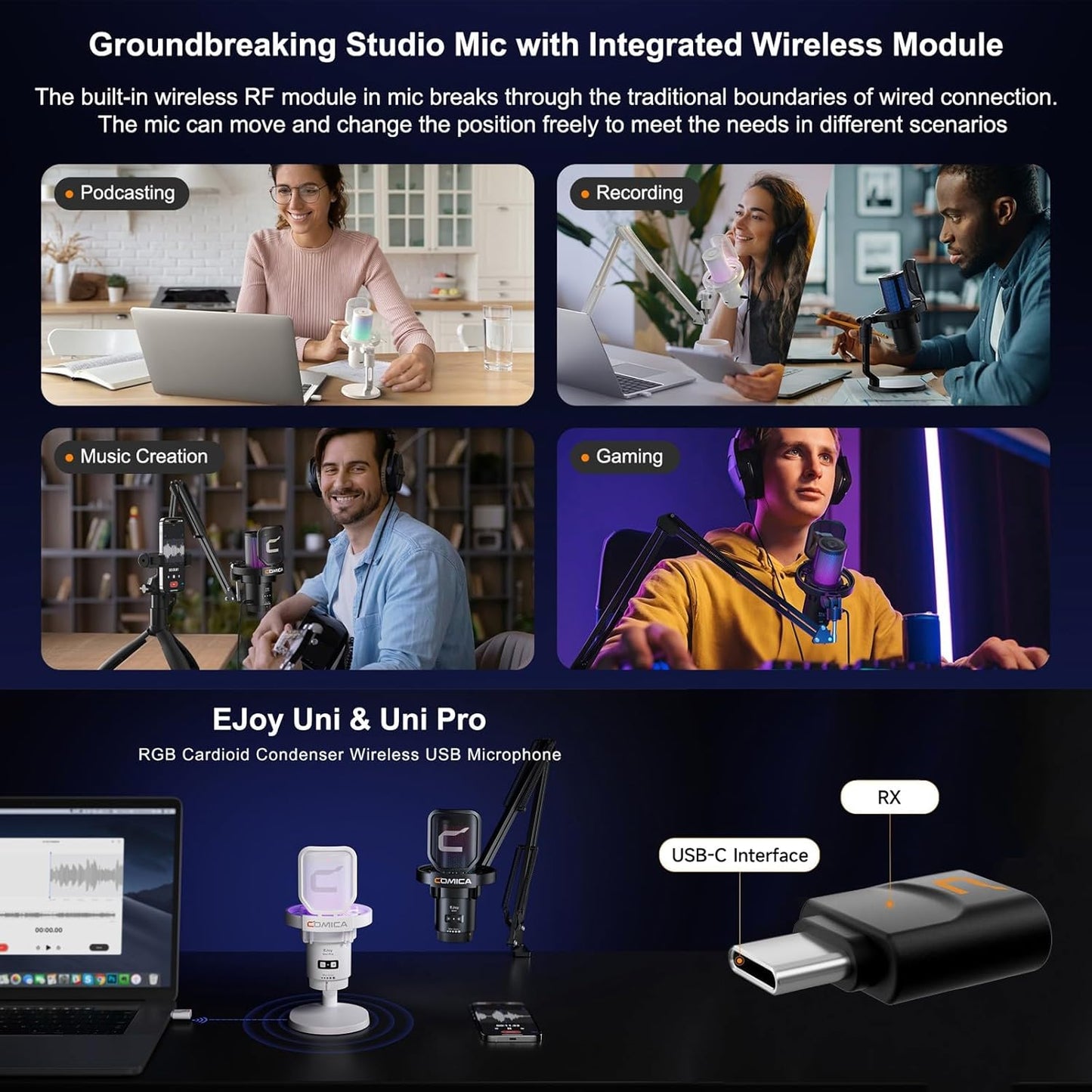 COMICA Wireless USB Microphone for Computer and Smartphone,48kHz/24bit RGB Cardioid Condenser Gaming Mic for Podcasting,Streaming,Recording with Boom Arm Stand-Black (EJoy Uni Pro A)