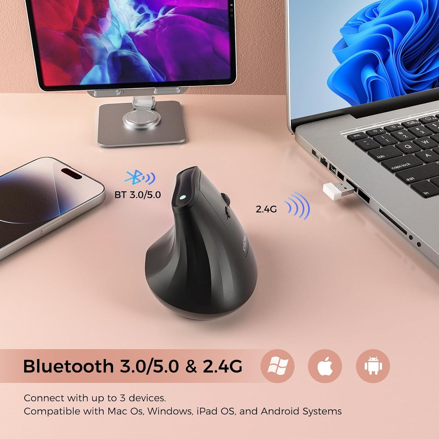 57° Ergonomic Wireless Tower Mouse, Vertical Quiet Ergo Mouse, Bluetooth(BT5.0,BT3.0)&2.4G, (800/1200/2400/2400/4000), 5 Buttons for Windows, macOS, iPadOS, Laptop, PC, Black