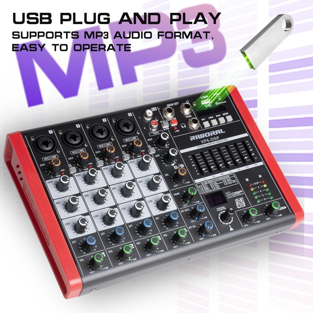 6 Channel Audio Interface DJ Mixer With 99 DSP Effects XLR 1/4 inch Jack USB Bluetooth Echo Delay Effect, Input 48V Phantom Power Stereo DJ Mixers for Recording, Live Streaming, Podcasting