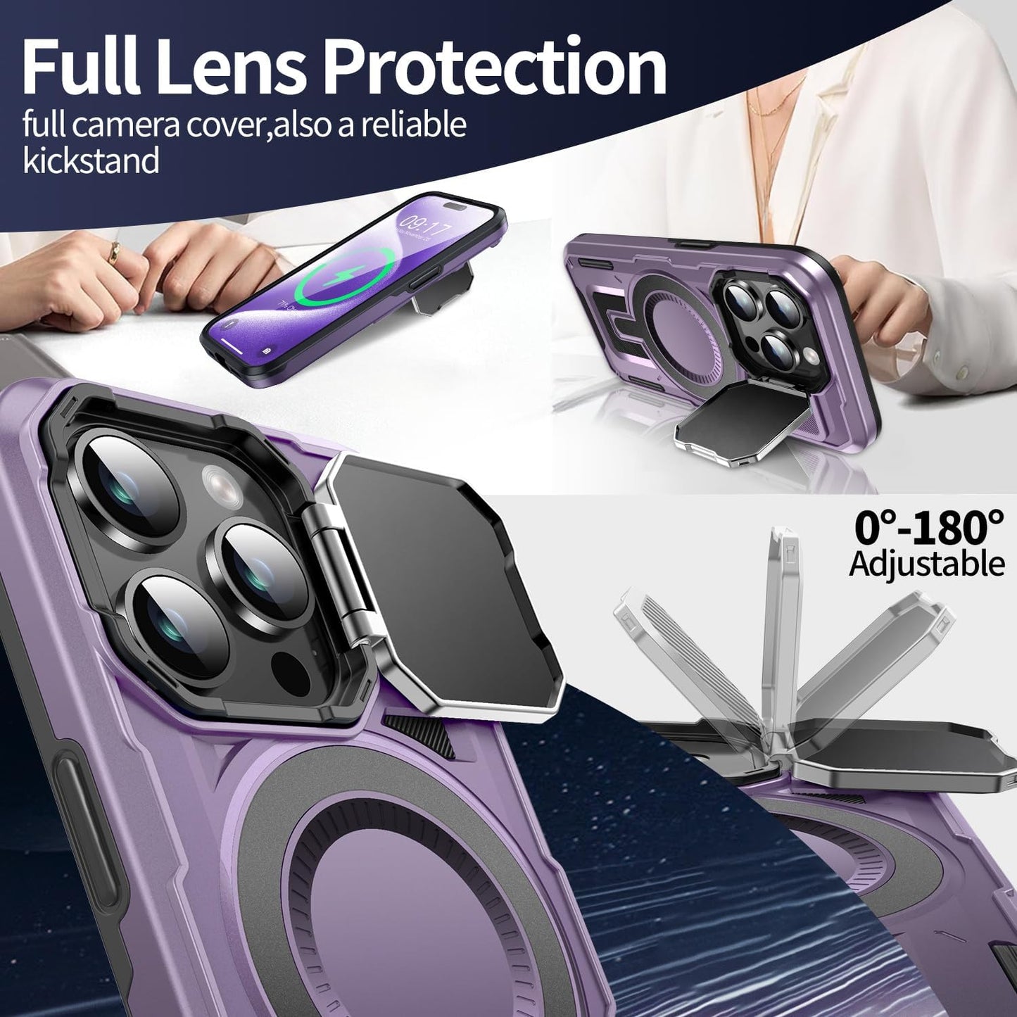 Camera Stand Case for iPhone 15 Pro, [Compatible with Mag Safe] [Lens Cover] 2024 Version Military Grade Protective Soft Case for iPhone 15 Pro 6.1 inch Men Women, Purple