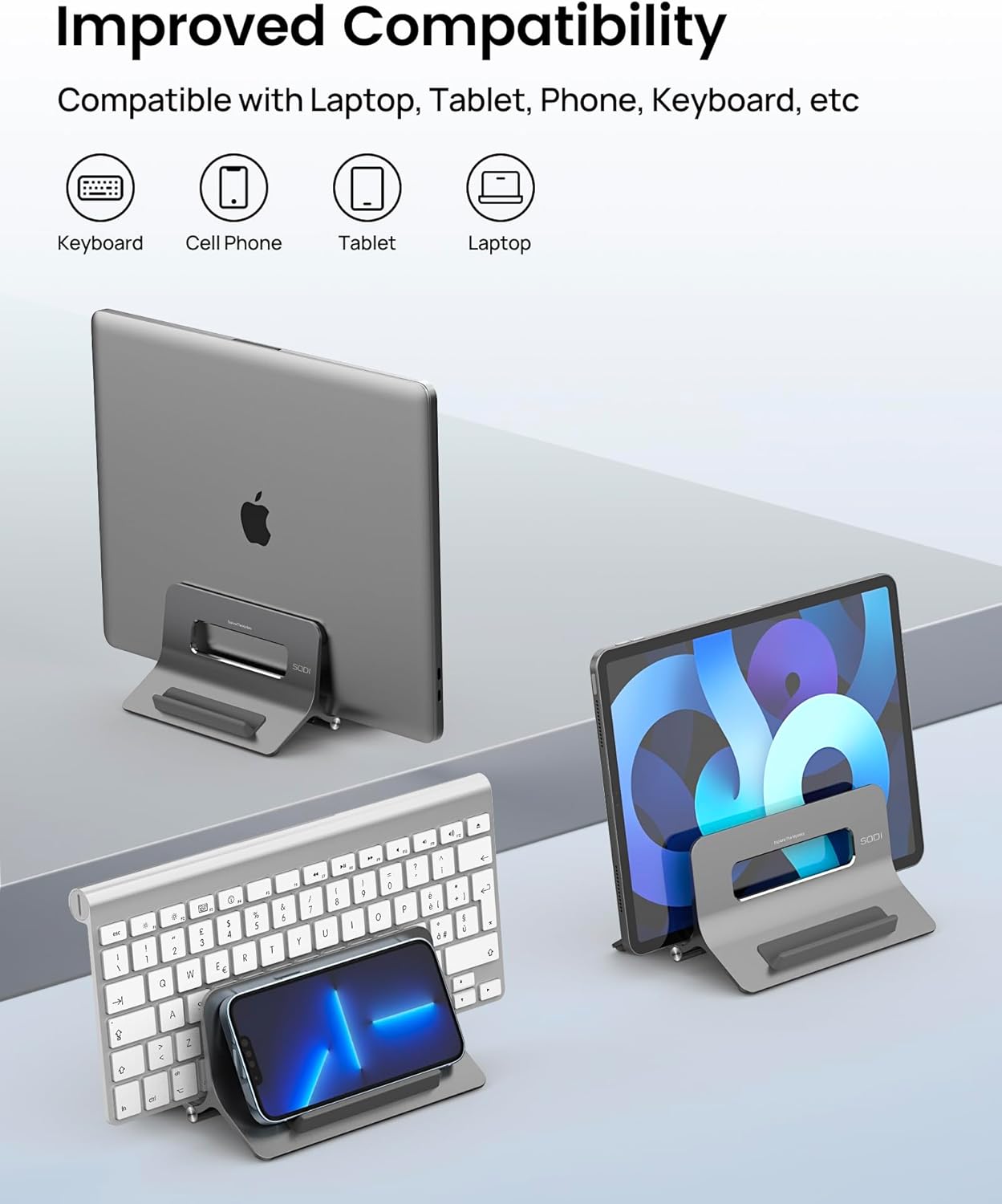 SODI Vertical Laptop Stand for Desk, Gravity Auto Lock MacBook Stand, Aluminum Laptop Holder Vertical Compatible with MacBook Pro, Air, Tablet, Space-Saving Organize Work & Home Office, Gray