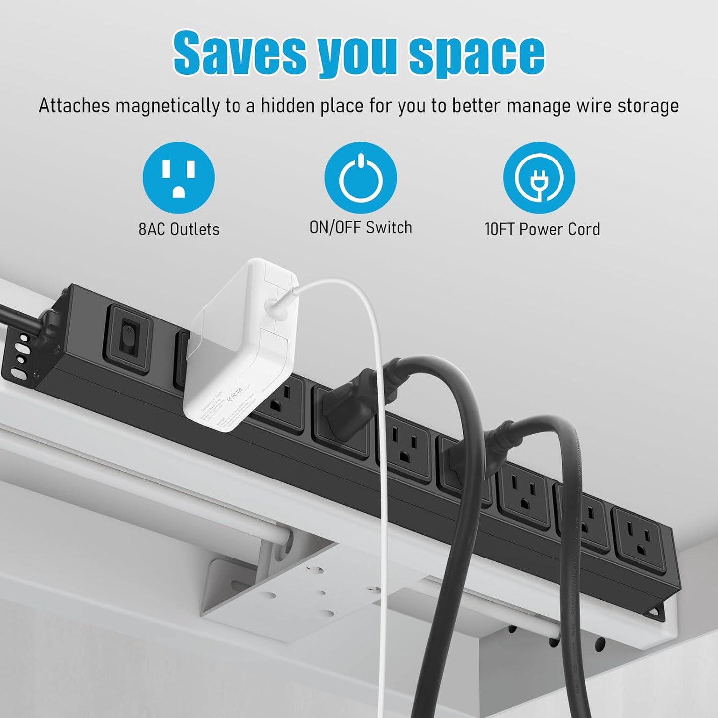 HHSOET Magnetic Mount Power Strip, 8 Outlet Mountable Socket, Metal Heavy Duty Surge Protector, Gaming Table Outlet, Easy to Fix Without Drilling or Taping, 10FT Extension Cord.(Black)