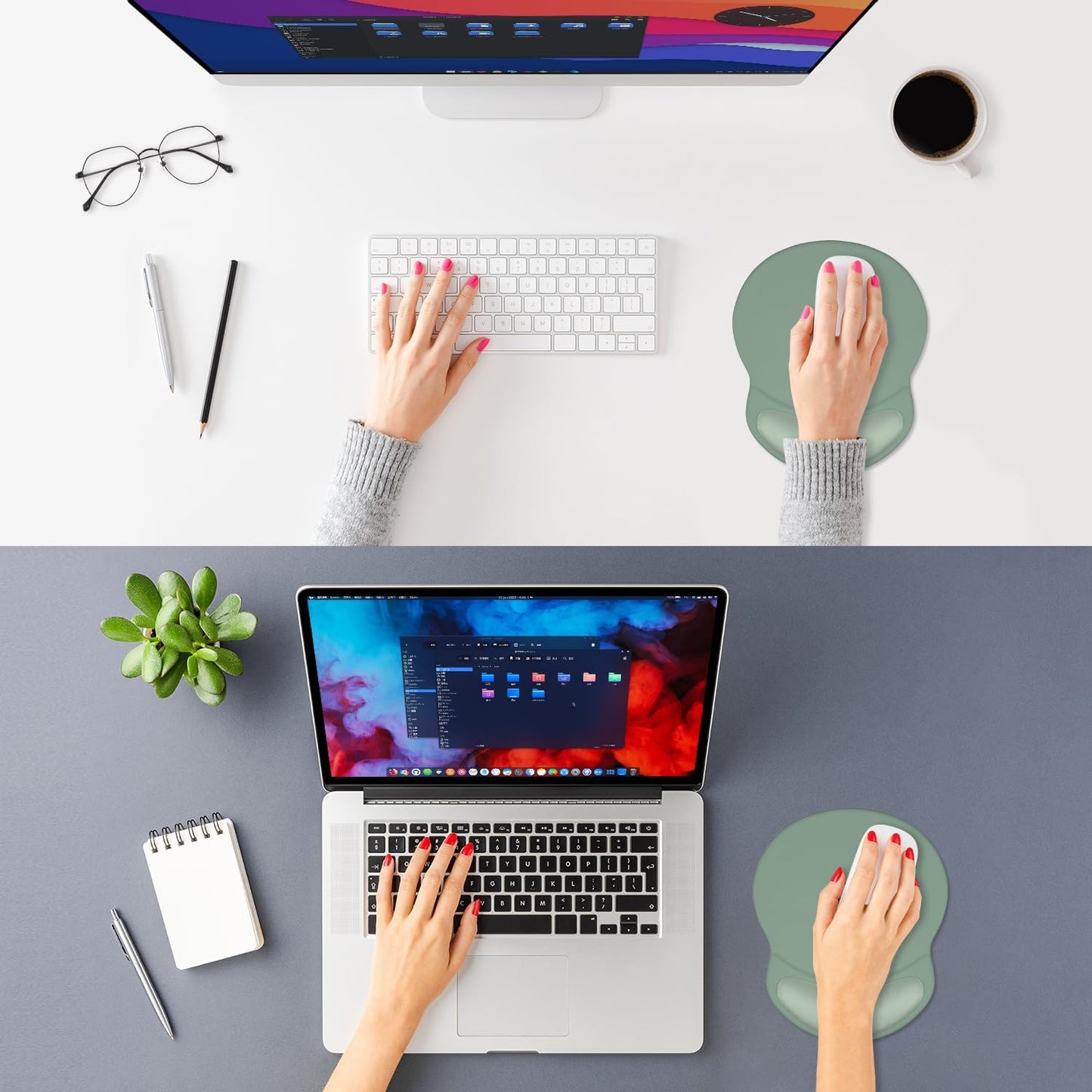 ITNRSIIET Ergonomic Mouse Pad with Comfort Gel Wrist Rest, Non-Slip PU Base, Smooth Textured Surface, Reduces Hand Fatigue & Wrist Pain, 8.7 x 7.2 Inch for Office Gaming Home, Sage Mint Gradient