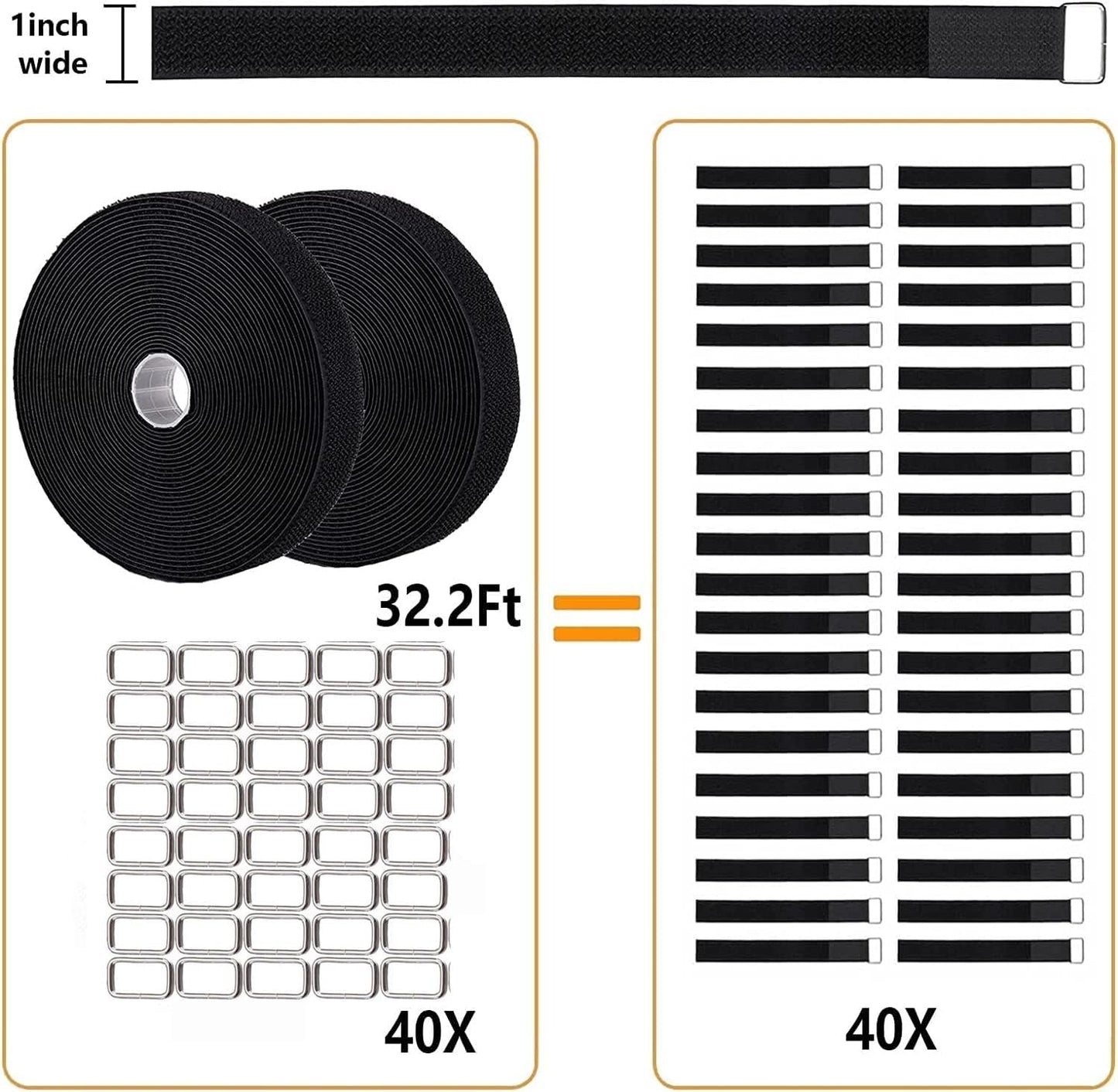 2 Rolls 32.2ft 1 Inch Wide Cable Ties, Jumpso Adjustable Fastening Zip Ties Hook and Loop Straps with 40 Metal Buckles, Reusable Nylon Cinch Straps for Organizer, Black