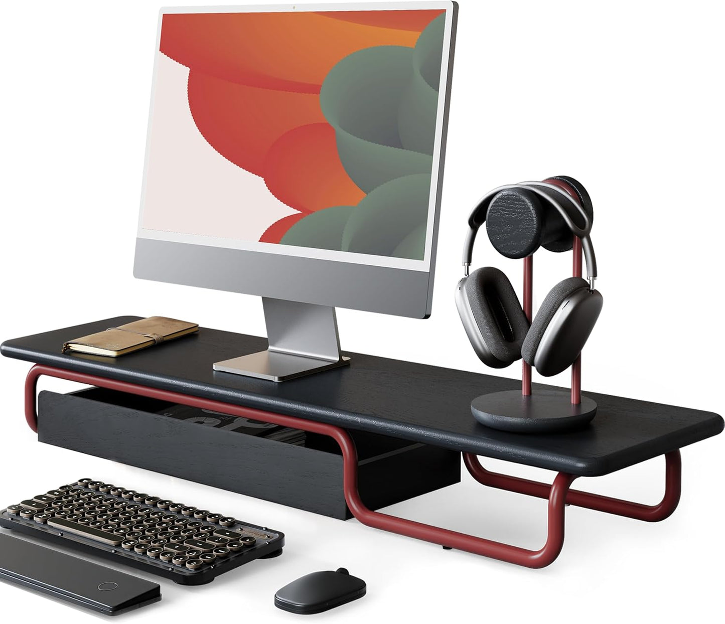 Fenge Dual Monitor Riser, 37 Inch Monitor Stand for Desk, Solid Wood Desk Shelf with Large Drawer Organizer, No Assembly Computer Stand for PC, Laptop, Printer, TV