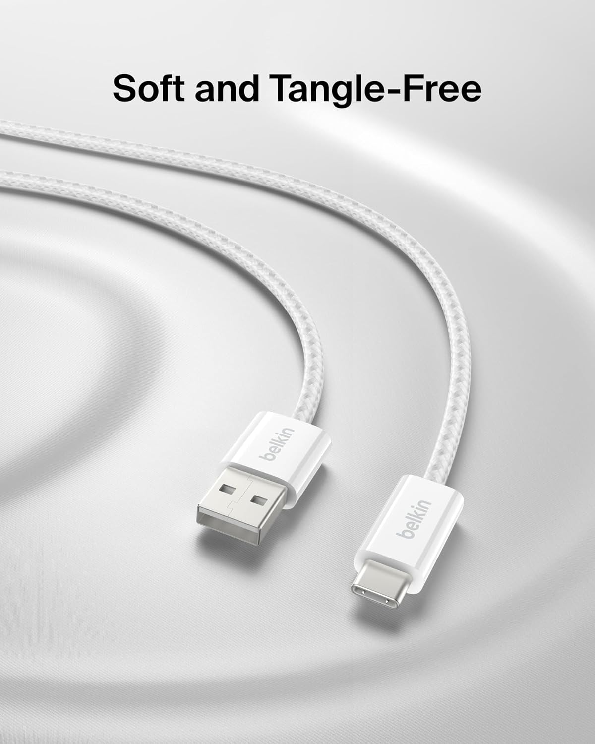 Belkin USB A to USB C Cable, 9.9ft, 15W - Type C Charger, iPhone Charger Cord, Soft, Braided, Flexible for iPhone 16 & 15, Galaxy S25, Pixel 9, iPad Pro, Airpods Pro, Switch & More - White
