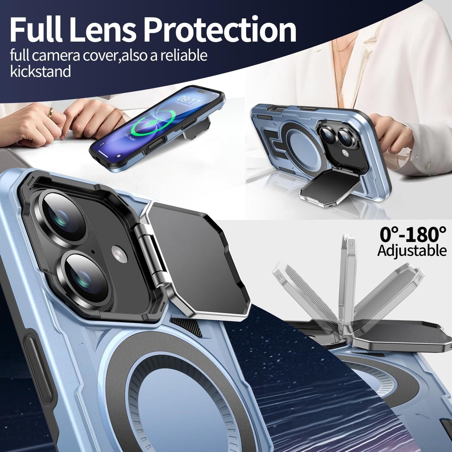 Camera Stand Case for iPhone 16, [Compatible with MagSafe] [Lens Cover] 2024 Version Military Grade Protective Soft Case for iPhone 16 6.1 inch Men Women, Blue