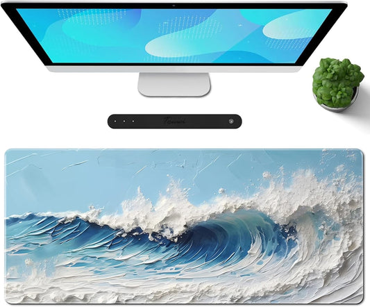 Galdas Gaming Mouse Pad XXL XL Large Long Extended Big Mousepad Non-Slip Rubber Keyboard Desk Pad with Stitched Edges for Laptop Home Office (31.5x11.8x0.08 Inch) … (Painting Waves)