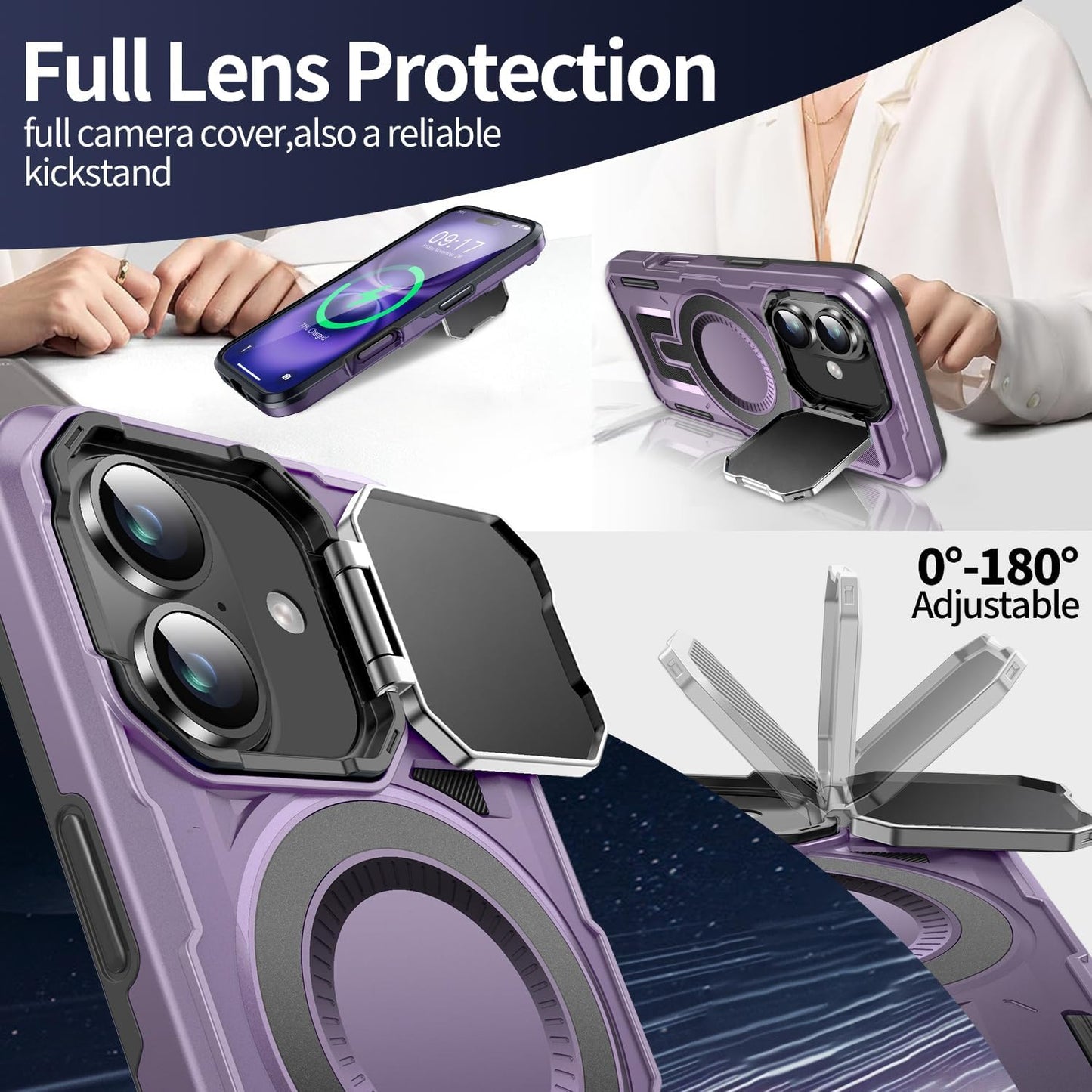 Camera Stand Case for iPhone 16 Plus, [Compatible with Mag Safe] [Lens Cover] 2024 Version Military Grade Protective Soft Case for iPhone 16 Plus 6.7 inch Men Women,Purple