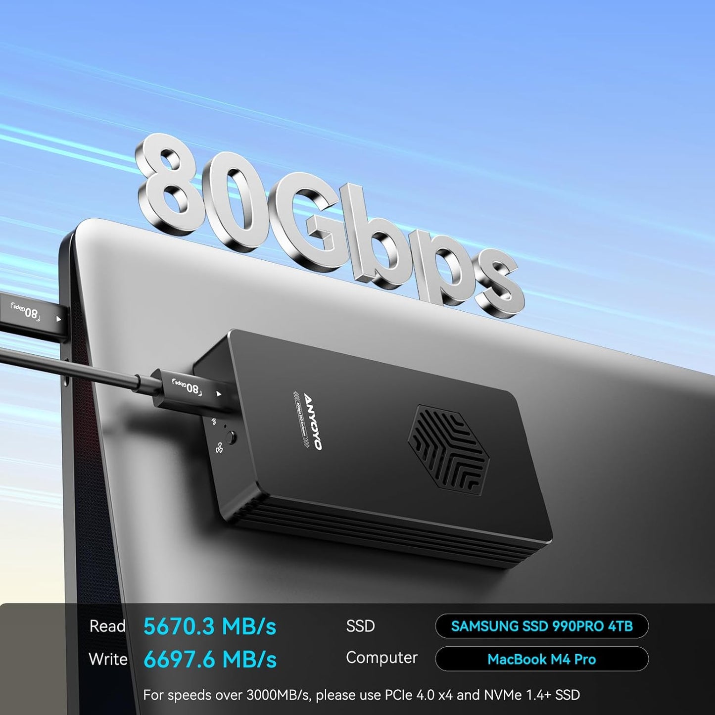 ANYOYO 80Gbps M.2 NVMe SSD Enclosure with Cooling Fan, Aluminium Alloy Enclosure Compatible with Thunderbolt 5/4/3/USB4, Support M/B+M Key SSD, Tool-Free Installation (TB502PRO)