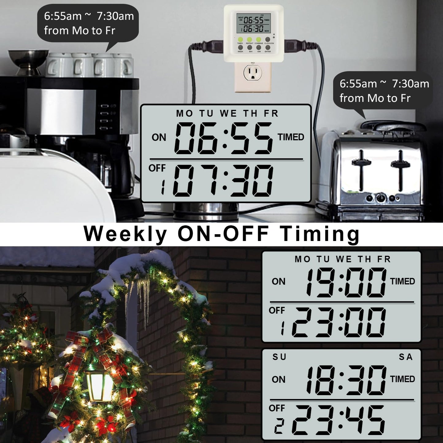 3-in-1 Dual Outlet Timer Plug with Interval Cycle for Indoor, 7 Day 24 Hour Programmable Digital Repeat Timer Switch(15A, 1875W)