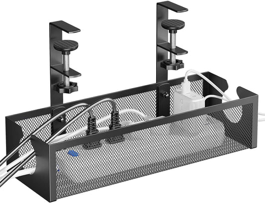 DELAMU Under Desk Cable Management Tray, No Drill Metal Mesh Cable Management Under Desk with F-Clamp Mount & 2 Open Holes, Cord Organizer for Home Office, 1 Pack, Black
