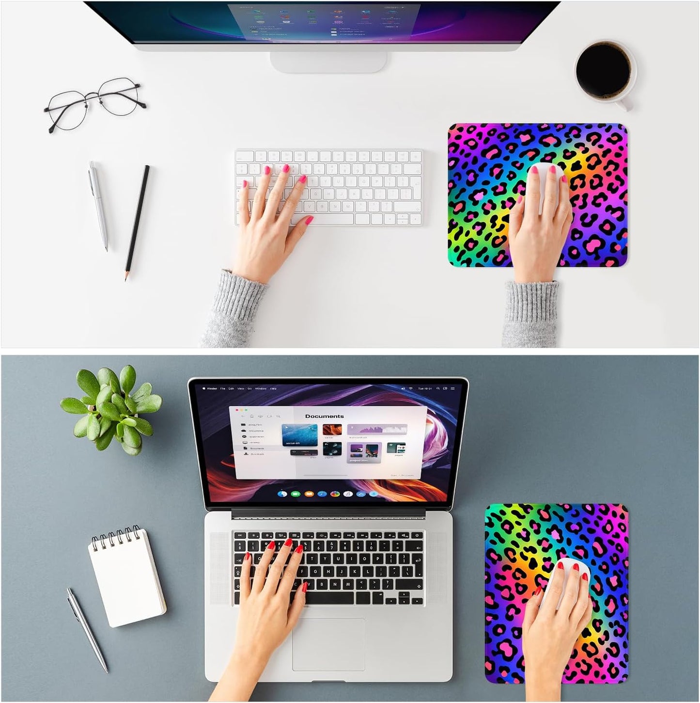 ITNRSIIET Mouse Pad Non-Slip Rubber Base Smooth Surface Stitched Edges Waterproof Durable Compatible with All Mice for Office & Gaming, Desk Accessory, 10.2x8.3x0.12 inch, RainbowLeopard