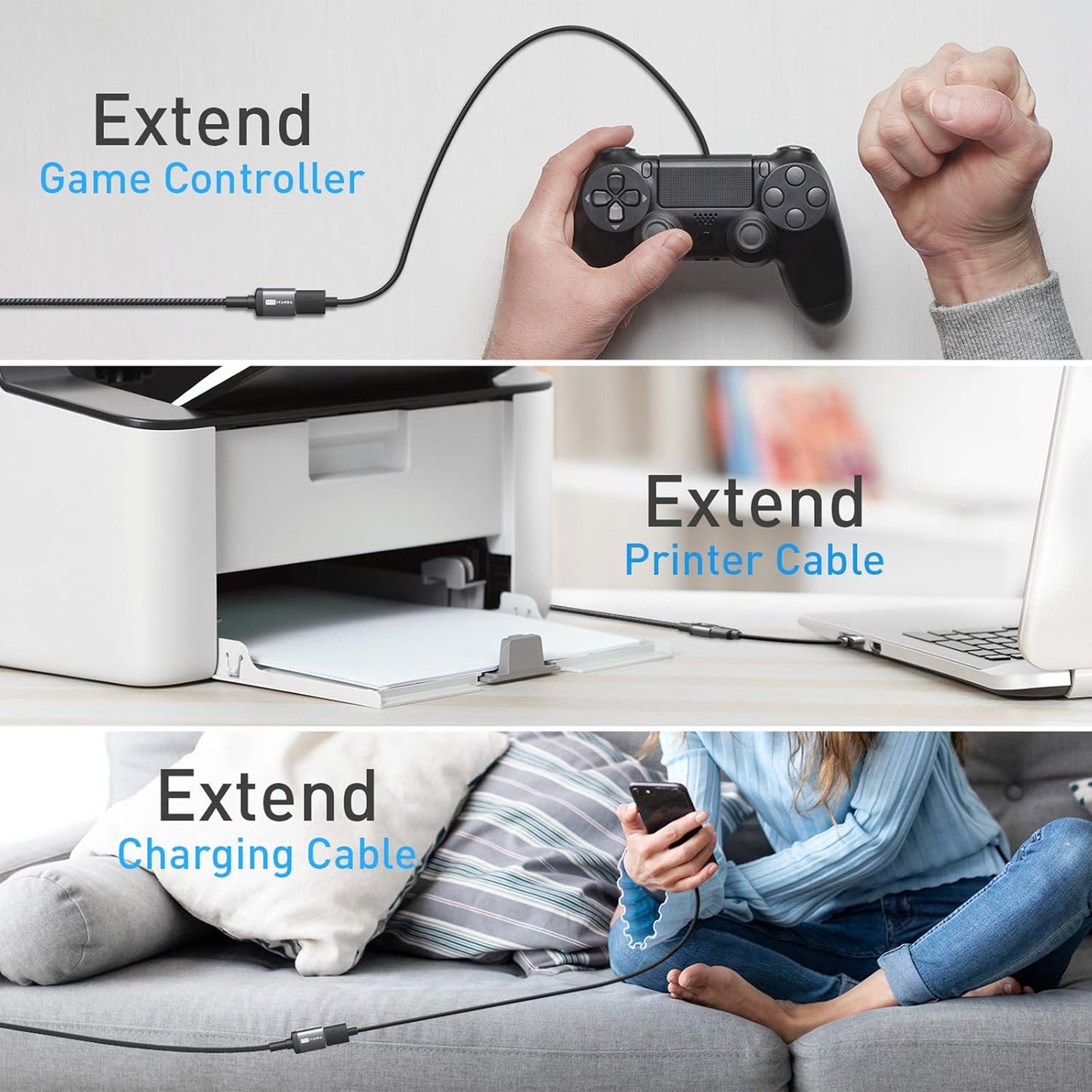 ITD ITANDA 15FT USB Extension Cable USB 3.0 Extension Cord Type A Male to Female 5Gbps Data Transfer for Keyboard, Mouse, PlayStation, Xbox, Flash Drive, Printer, Camera and More, Grey