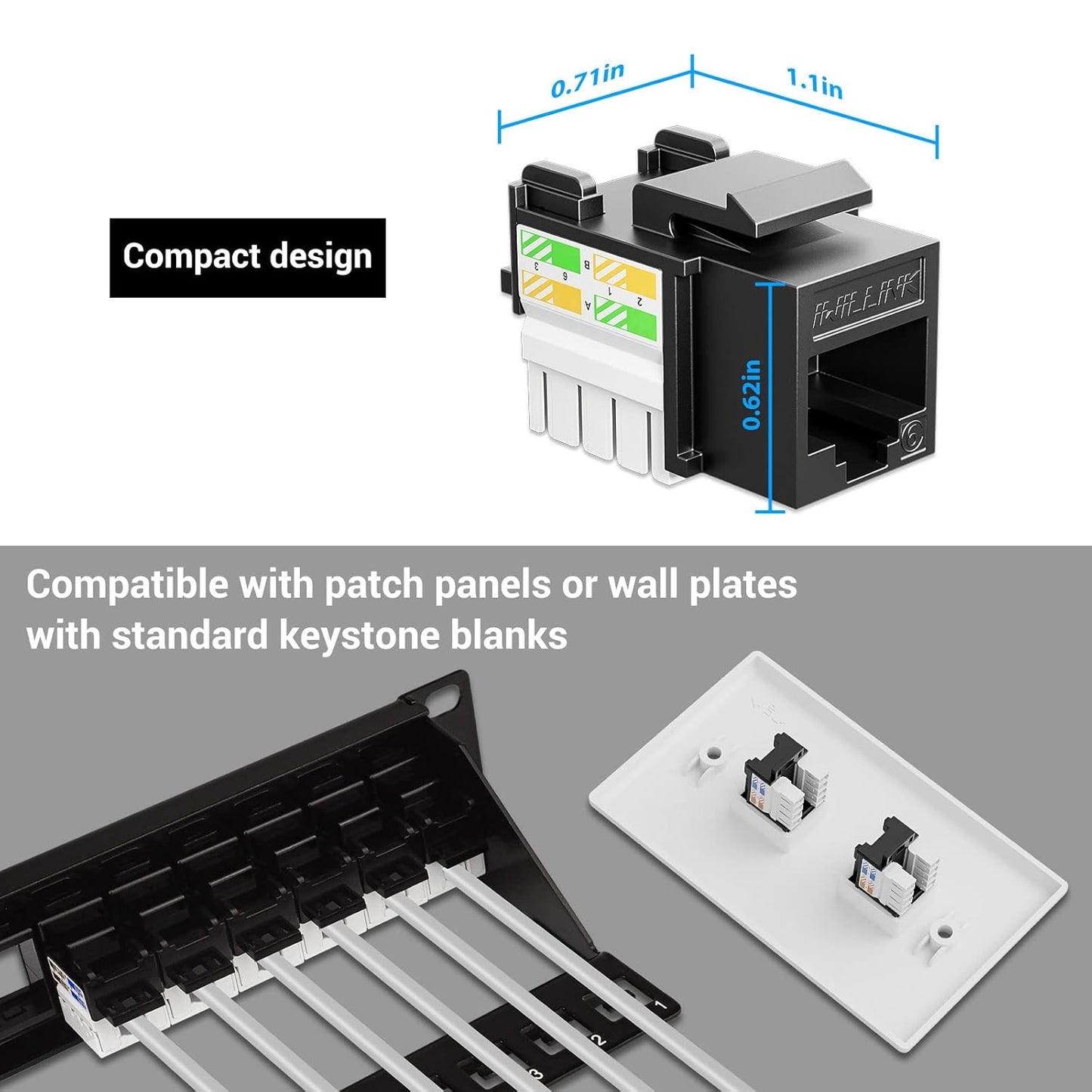 Iwillink 10Gbps Cat6 Keystone Jack RJ45 Modular Ethernet Jack Insert, Punch Down Adapter 25-Pack with Stand, Black