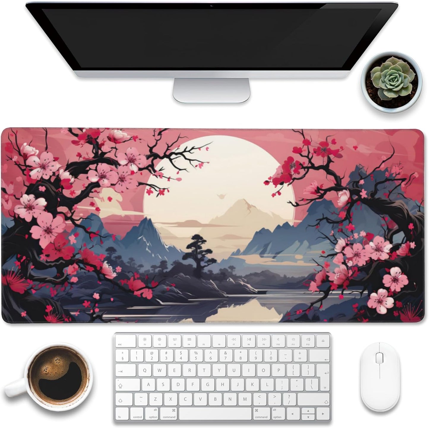 Desk Pad,Pink Cherry Blossom Tree Desk Mat,Mountains and Sun Large Gaming Mouse Pad for Desk,Extended Big Computer Keyboard Mouse Pad with Non-Slip Base and Stitched Edge,35.4"x15.7"