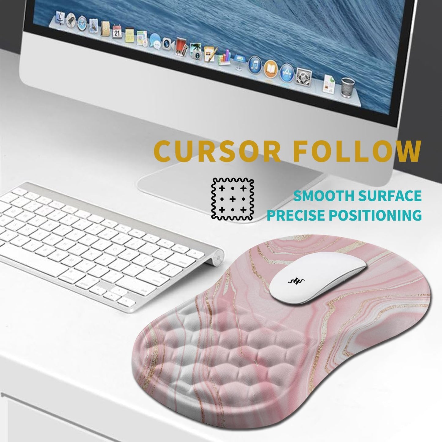 Hokafenle Ergonomic Mouse Pad Wrist Support, Wrist Rest Mousepad for Carpal Tunnel Pain Relief with Integrated Memory Foam Slope Massage Bulge (11.8x7.9 inch,Pink Fluid