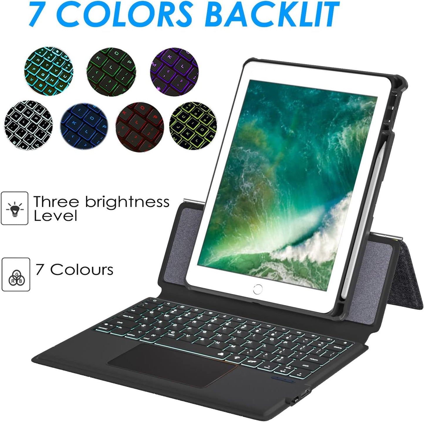 iPad 9.7 Keyboard Case for iPad 6th Gen 2018 - iPad 5th Gen 2017 - iPad Pro 9.7 - iPad Air 2-7 Color Backlight,Touchpad Detachable Slim Cover with Pencil Holder (9.7",Black)