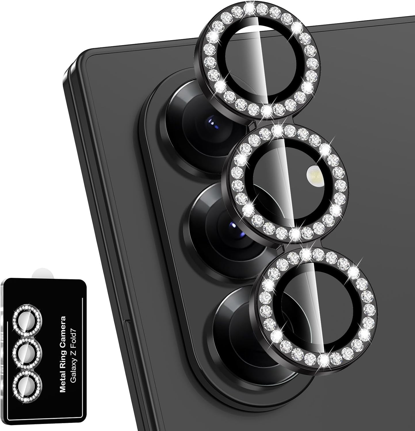 for Samsung Galaxy Z Fold 7 Camera Lens Protector, Individual Metal Ring Tempered Glass Lens Cover, [Strong Adsorption] Scratch Resistant Ultra-Thin HD Clear Lens Cover, 1 Set-Black Diamond