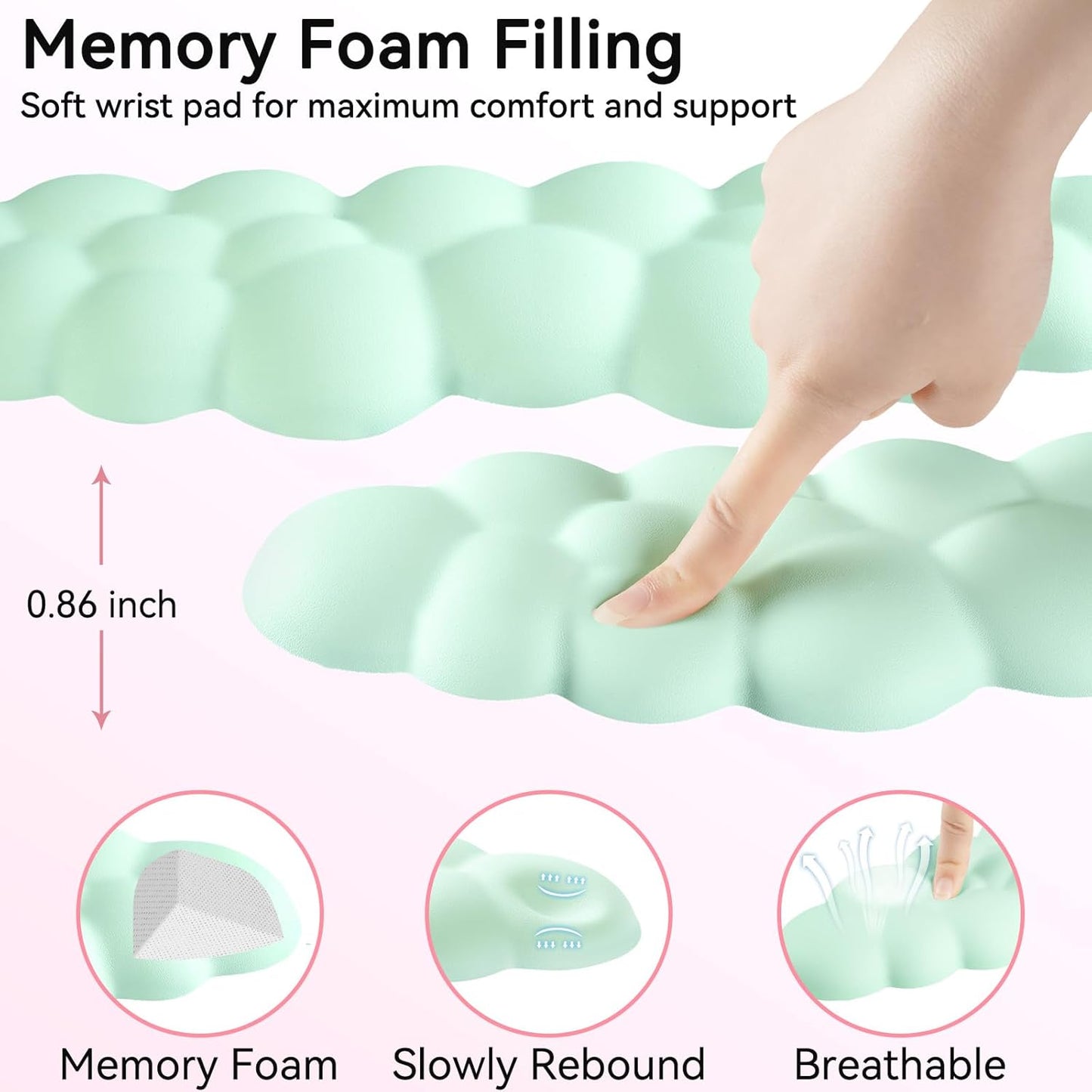 Cloud Wrist Rest for Computer Keyboard, 4-in-1 Memory Foam Leather Cloud Keyboard Wrist Rest and Mouse Pad Set with Ergonomic Support for Arm and Palm Cushion, Gaming/Work Setup, Light Green