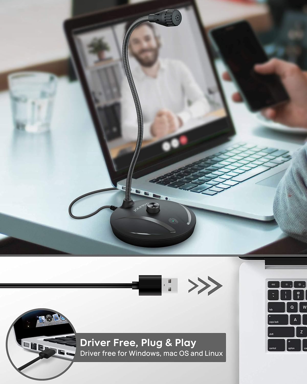 JOUNIVO USB Microphone for Computer, PC/Laptop Mic, Mute Button with LED Indicator, 360 Degree Gooseneck Design, Desktop Microphone for Streaming, Recording, Dictation, Podcasting, YouTube, JV610PRO