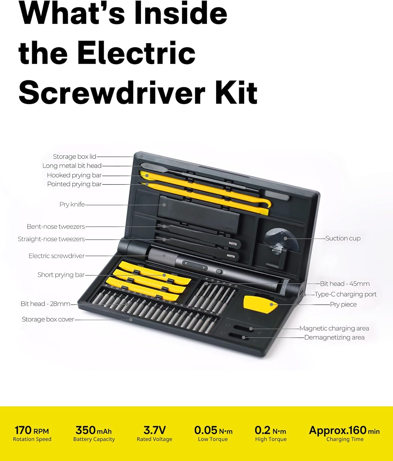 HOTO Precision Screwdriver Set, 110° Upright Workpad, Mini Electric Screwdriver with Charging Dock, 0.05/0.2 N·m Torque, LED Light, 26 Bits and 10 Repair Tools for Electronics, Phones, Laptops