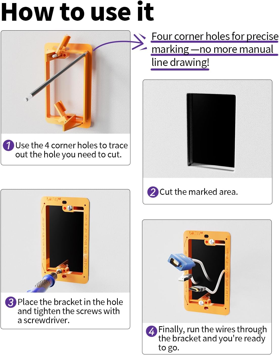 VCE Low Voltage Mounting Bracket Single Gang Wall Plate, Flush Low Voltage Box for Network, HDMI, Coaxial, Speaker, Telephone Cables, Orange, 5 Pack