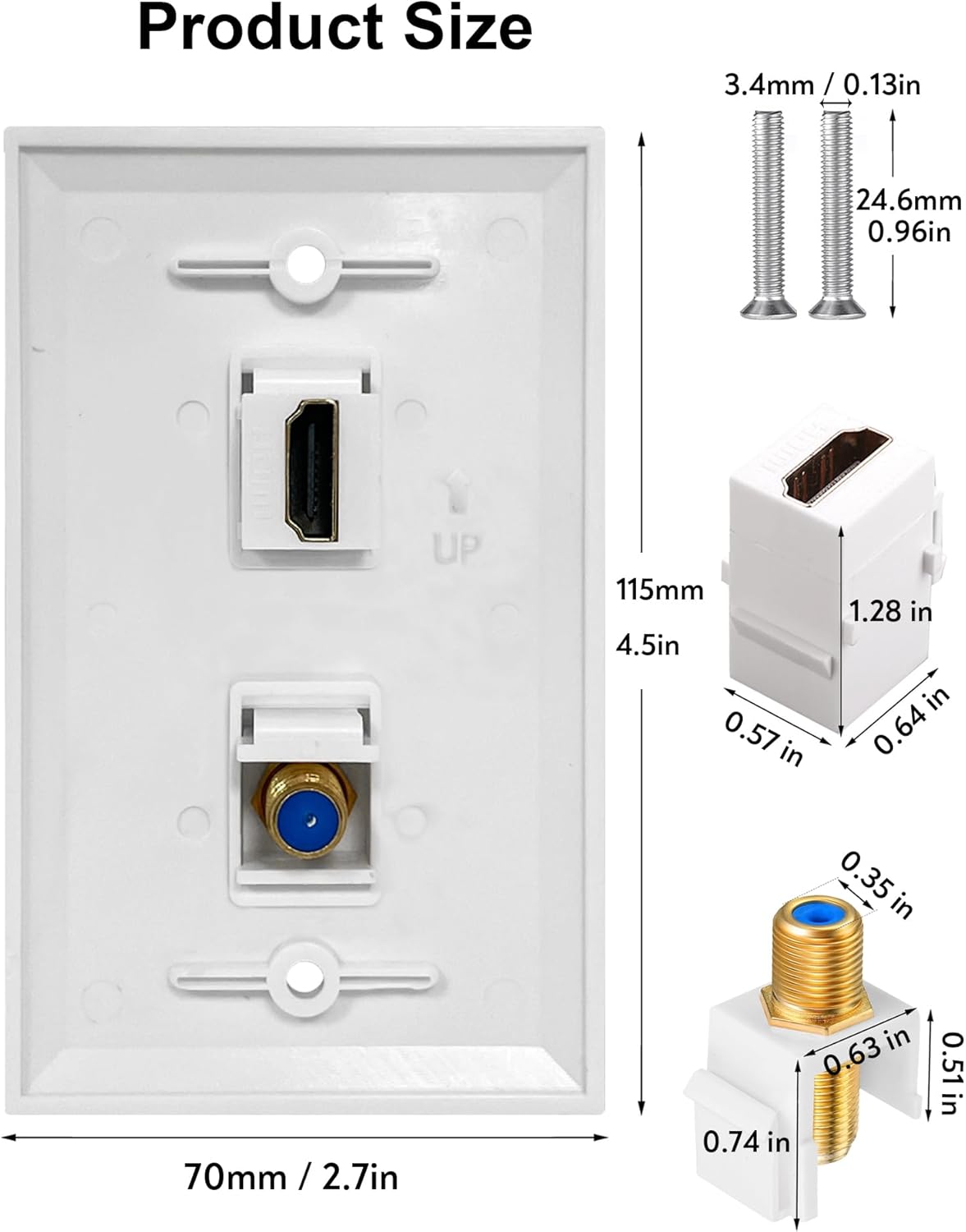 HDMI Wall Plate, 1 Port 4K HDMI Keystone to Female, 1 Port F Type Connector Coax Keystone to Female Wall Plate-White