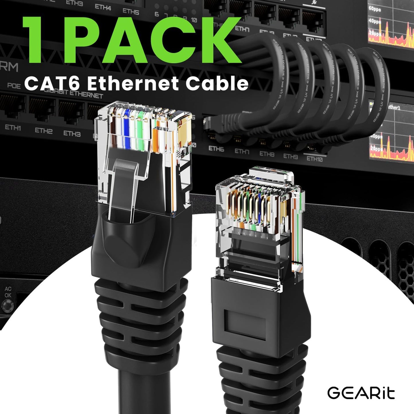 GEARit Cat 6 Ethernet Cable (1-Pack 5 Feet) Cat6 Network Patch, 10Gbps, RJ45, Snagless Cord, Gold-Plated Connectors, Internet for PC, TV, Tablet, Router, Printer, Servers, IT Data Center - Black