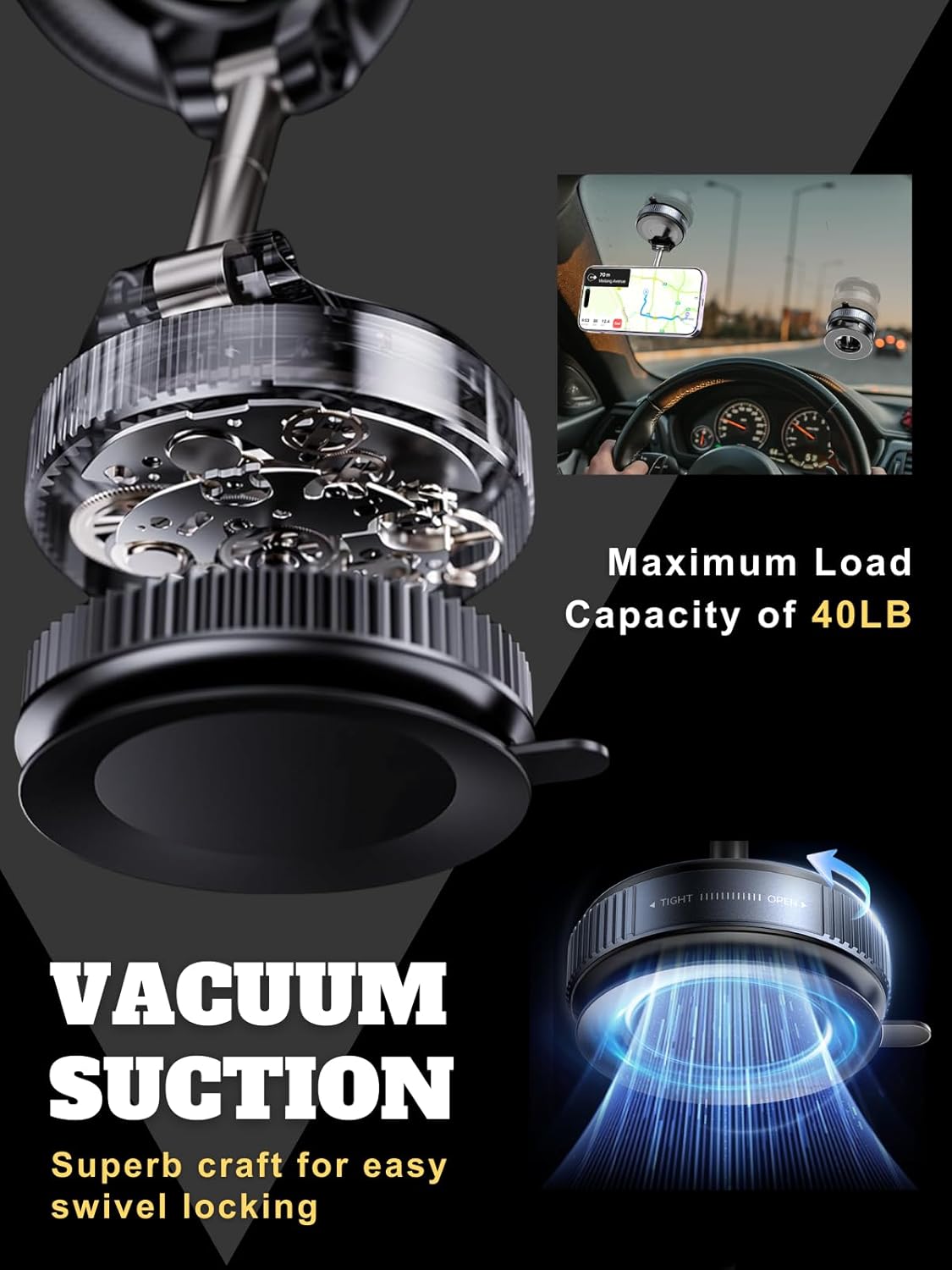 Car Phone Holder for Magsafe, 360° Adjustable Vacuum Magnetic Phone Mount with 3000gf Magnetic Grip & 40LBS Suction Cup, Shockproof Design for All Smartphones