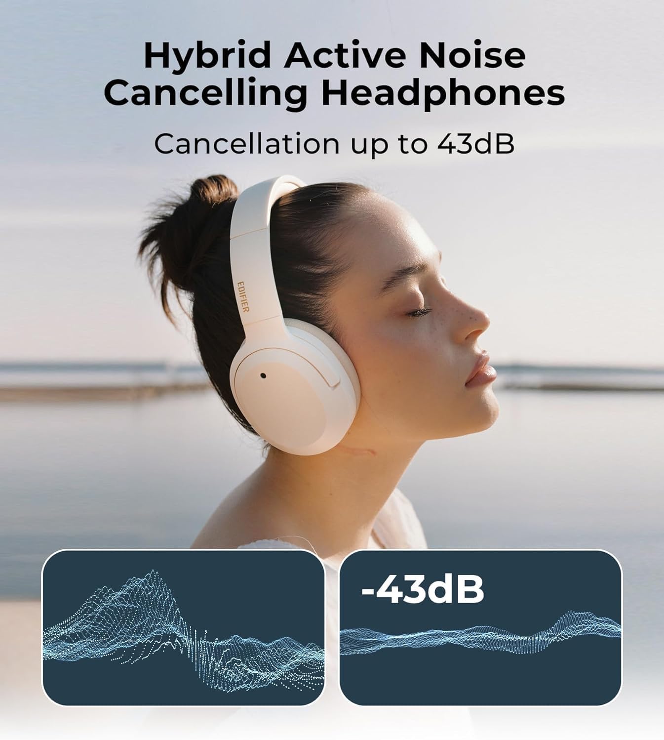 Edifier W820NB Plus Hybrid Active Noise Cancelling Headphones - LDAC Codec - Hi-Res Audio Wireless & Wired - Fast Charge - Over Ear Bluetooth V5.2 Headphones for Travel/Home/Office- Ivory