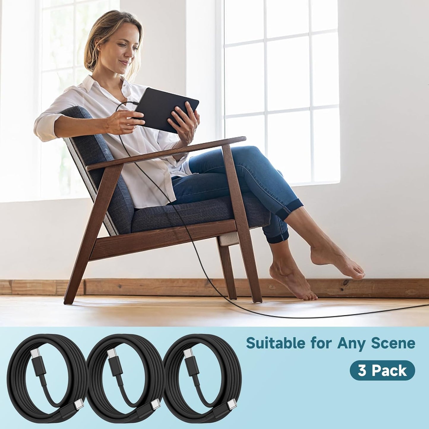 60W USB C to C Cable [3Pack] iPhone 15 Fast Charging Cable,6ft Long USB-C to USBC Power Cord for iPhone 16/15 Pro Plus Pro Max, MacBook Pro Air/IPad/iPad Pro 12.9/11,AirPods 4(Black)